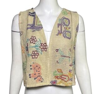SISSEL EDELBO Cotton Crochet Upcycled Blanket Open Front Vest Top One Size O/S